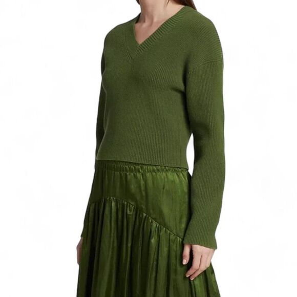 Vince Women's Size 4 Herb Metallic Green Smocked Midi Skirt - Picture 3 of 12